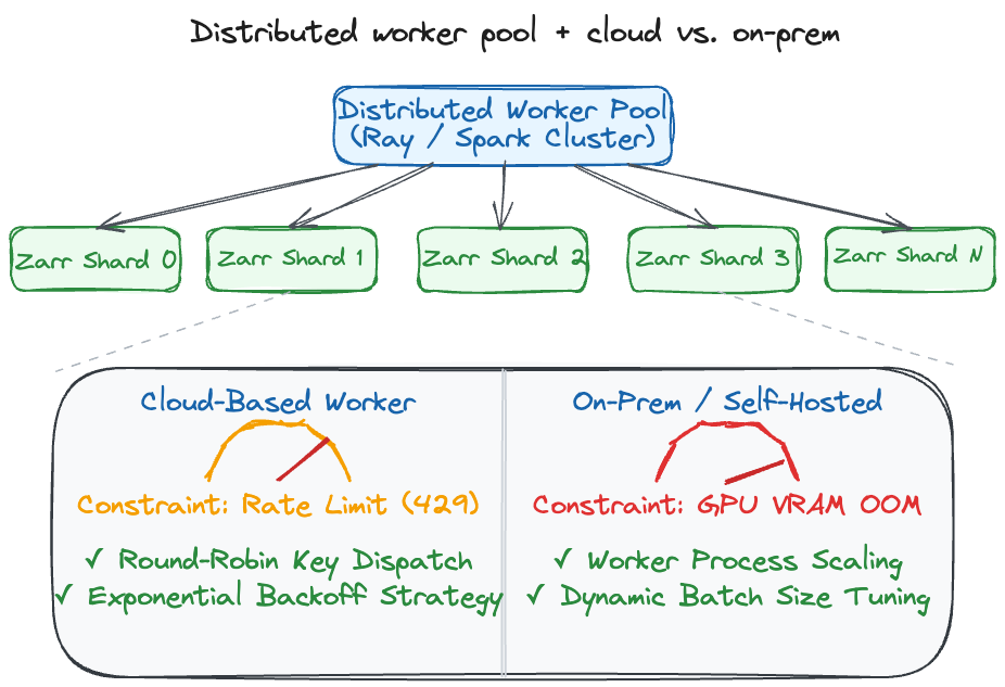 A Ray/Spark worker pool over independent Zarr shards, comparing cloud workers constrained by API rate limits against on-prem workers constrained by GPU VRAM