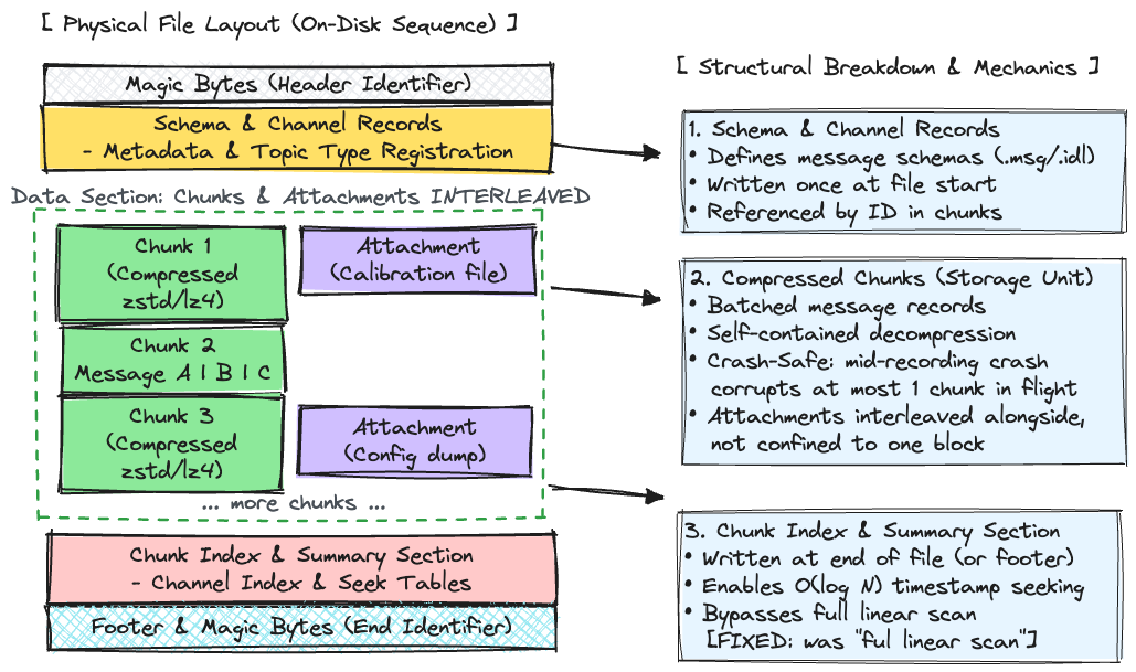 MCAP file anatomy: header, schema and channel records, sequence of compressed chunks, chunk index, summary section, footer